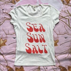 Vintage Billabong White Cap Sleeve Fitted Tee with Red Print “Sea Sun Salt”, M